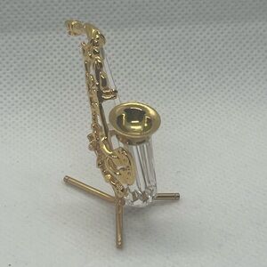 Elegant Original Swarovski Crystal Glass Gold Alto Saxophone Figurine with Stand